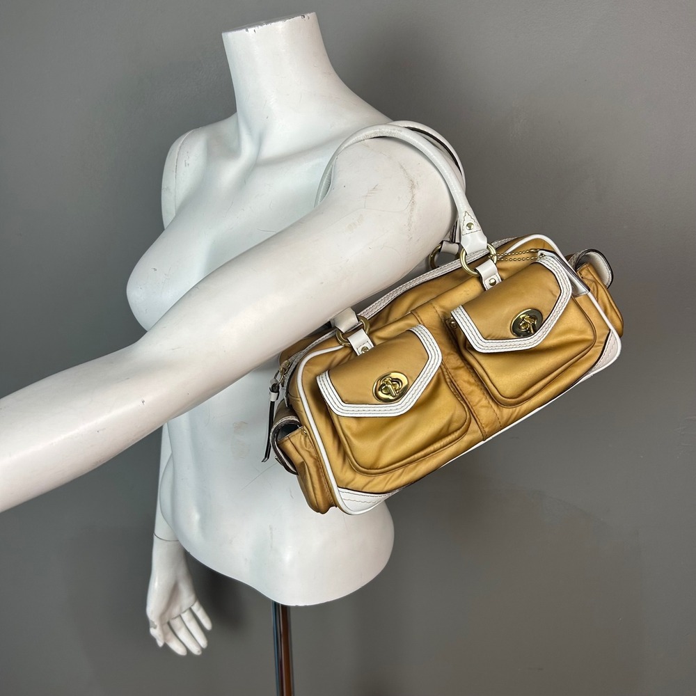 Y2K Coach Hamptons Weekend Mini Gold Nylon White Leather Satchel Bag 4452